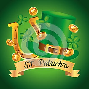 happy saint patricks day lettering with tophat and golden horseshoe