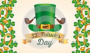 happy saint patricks day lettering with tophat and wooden pipes