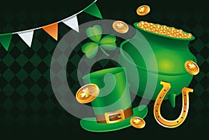 happy saint patricks day poster with treasure cauldron and tophat