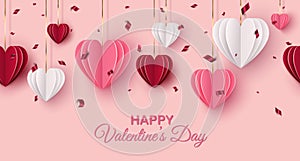 Happy Saint Valentine`s day web banner. Hanging red, pink, white paper cut hearts on blush background. Decorative holiday banner,