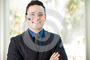 Happy sales rep with headset