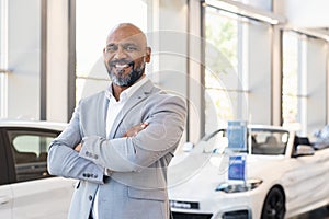 Happy salesman in car showroom