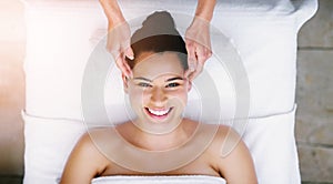Happy, salon and portrait of woman at spa for massage, facial treatment and luxury pamper. Aesthetic, dermatology and photo