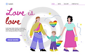 Happy same-sex lesbian parents with little son boy a vector illustration