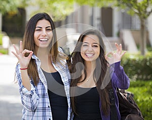 Happy Same-Sex Mixed Race Couple on School Campus With Okay Sign