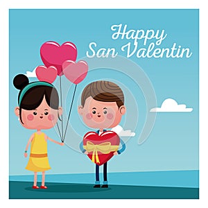 Happy san valentine card girl branch balloons and boy with red heart