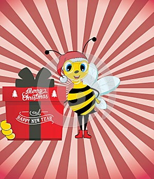 Happy Santa Bee Holding a Present Box