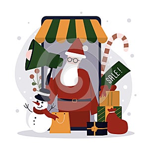 Happy Santa Claus announce about sale for new year. Concept of announcement for christmas. Online shopping and gifts for