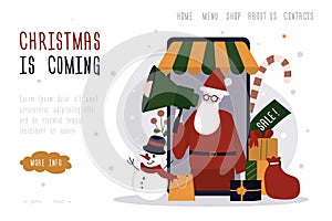 Happy Santa Claus announce about sale for new year. Concept of announcement for christmas. Online shopping for Xmas with