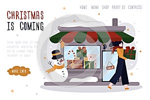 Happy Santa Claus announce about sale for new year. Concept of announcement for christmas. Online shopping for Xmas with