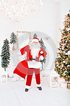 Happy Santa Claus carrying gifts to children