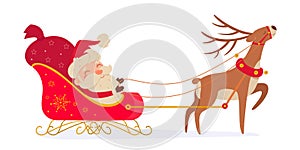 Happy Santa Claus character riding red sleigh with reindeer, delivering bag with gifts