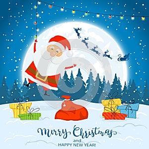 Happy Santa Claus with colorful Christmas lights and gifts. Text Merry Christmas and Happy New Year on winter background with