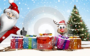 A happy Santa Claus and a cute deer with festive christmas gifts 3d-illustration