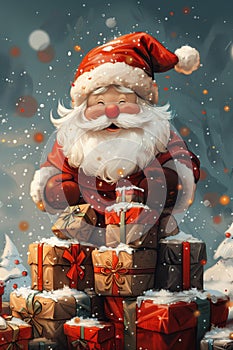 Happy santa claus with gift, vertical cute christmas card, template of package. Generated by AI.