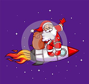 The happy santa claus is giving the christmas gift with the turbo rocket