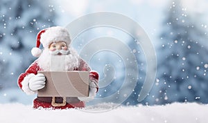 Happy Santa Claus holding blank sign for advertisement banner background with copy space. Smiling Santa Claus holding