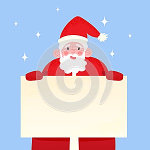 Happy Santa Claus holding blank signboard. Smiling Papa Noel behind celebration banner, on blue snowy background. Vector