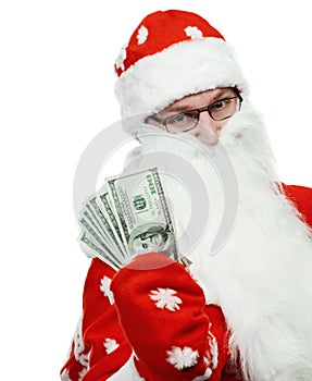 Happy Santa Claus in red hat with dollar money