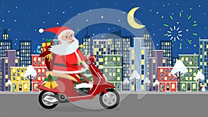 Happy Santa Claus riding on a moped over the night city