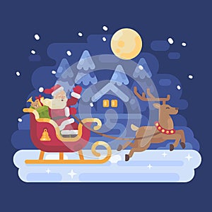 Happy Santa Claus riding in a sleigh drawn by reindeer