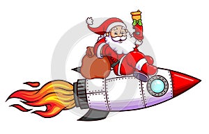 The happy santa claus is riding the turbo rocket and ringing the christmas bell