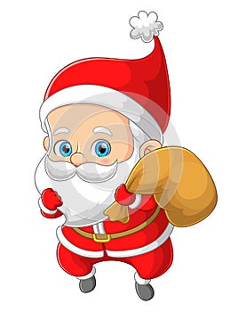 The happy santa claus is settling down the step for putting the gift under the christmas gift photo