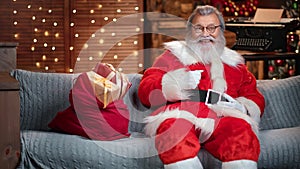 Happy Santa Claus talking congratulating Xmas holiday having positive emotion. 4k Dragon RED camera