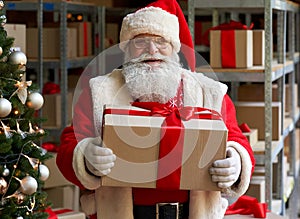 Happy Santa Claus wearing costume holding gift box in workshop, portrait.