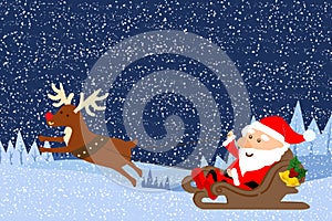Happy Santa in his Christmas sled being pulled by reindeer