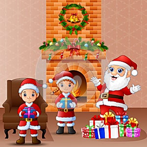 Happy santa and kid bringing gift box in the living room with christmas and new year decoration