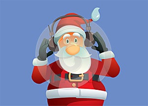 Happy Santa Listening to Christmas Carols Vector Cartoon Illustration