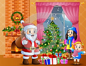 Happy santa and parent with daughter in the living room with christmas and new year decoration