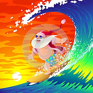 Happy Santa is surfing on a big wave.