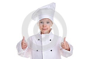 Happy satisfied girl chef white uniform isolated on white background. Showing pointing fingers up. Landscape image