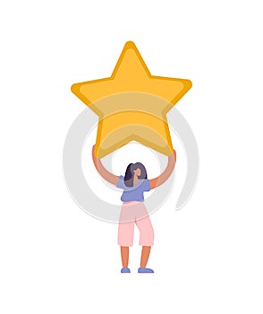 Happy and satisfied vector customer flat woman people is holding review star over her head. Five stars rating. Customer