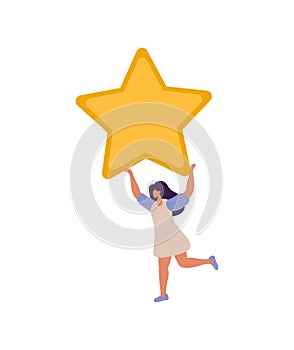 Happy and satisfied vector customer flat woman people is holding review star over her head. Five stars rating. Customer