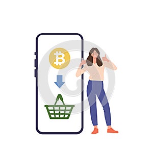 Happy satisfied woman cartoon customer character using cryptocurrency ewallet for payment