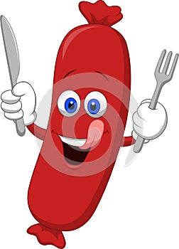 Happy Sausage Cartoon Mascot Character With Fork and Knife