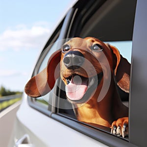Happy Sausage Dog sticking head out of car window while car is driving. ai generative