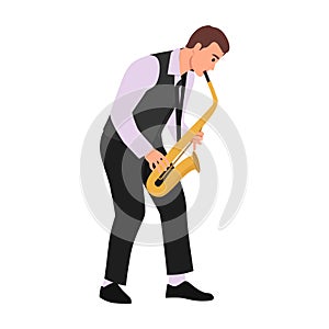 Happy saxophonist plays music on sax in elegant suit