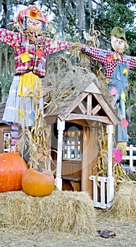 Happy Scarecrows in a pumpkin patch