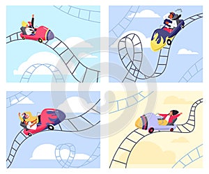 Happy and scared people riding roller coaster in amusement park, flat vector illustration.
