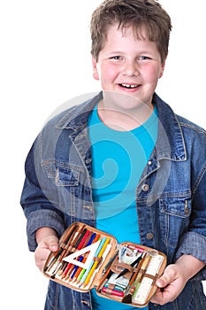 Happy school boy - isolated on white