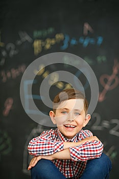 Happy school boy in shirt on background of school board