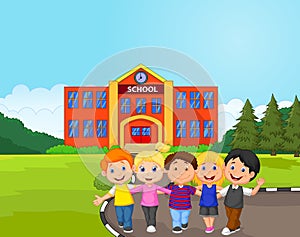 Happy school children cartoon in front of school