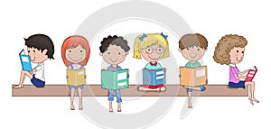 Happy school children reading books in their hands cartoon