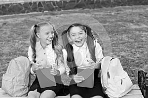 Happy school friends little girls having fun, emotional development concept