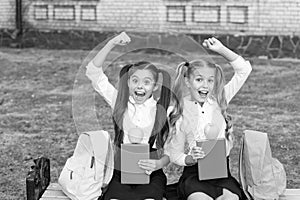 Happy school friends little girls having fun, healthy kids concept