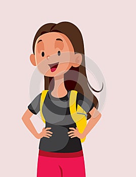 Happy School Girl with Backpack Feeling Positive Vector Cartoon Illustration